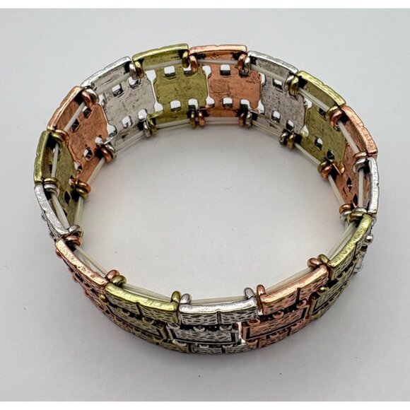 Tri Tone Metal Stretch Bracelet with Textured Panels Copper Silver Gold Tones - Picture 3 of 7
